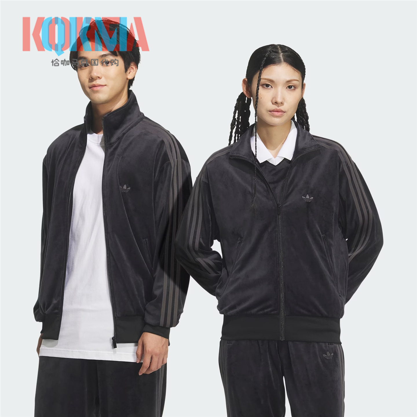 阿迪达斯Adidas三叶草男女美式复古休闲运动天鹅绒夹克外套KQ5474