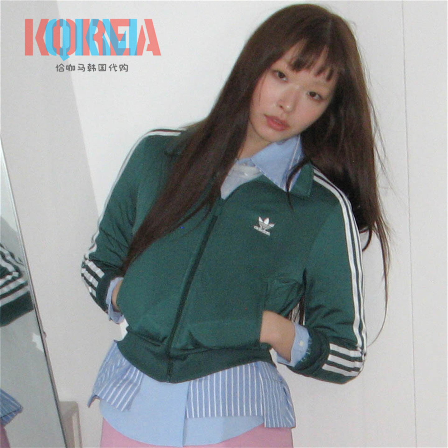 阿迪达斯Adidas三叶草女子美式复古绿色休闲运动夹克外套 JC8262