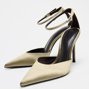 ZA绸缎高跟鞋简约风尖头细高跟凉鞋一字带脚踝绑带浅口穆勒鞋漆皮