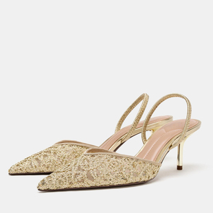 ZA2026春季新品金色刺绣尖头高跟鞋浅口细跟穆勒凉鞋女士透气后空