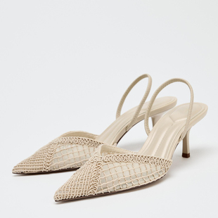 ZA编织尖头细高跟穆勒凉鞋夏季新款女中空浅口时尚高跟鞋后空女士