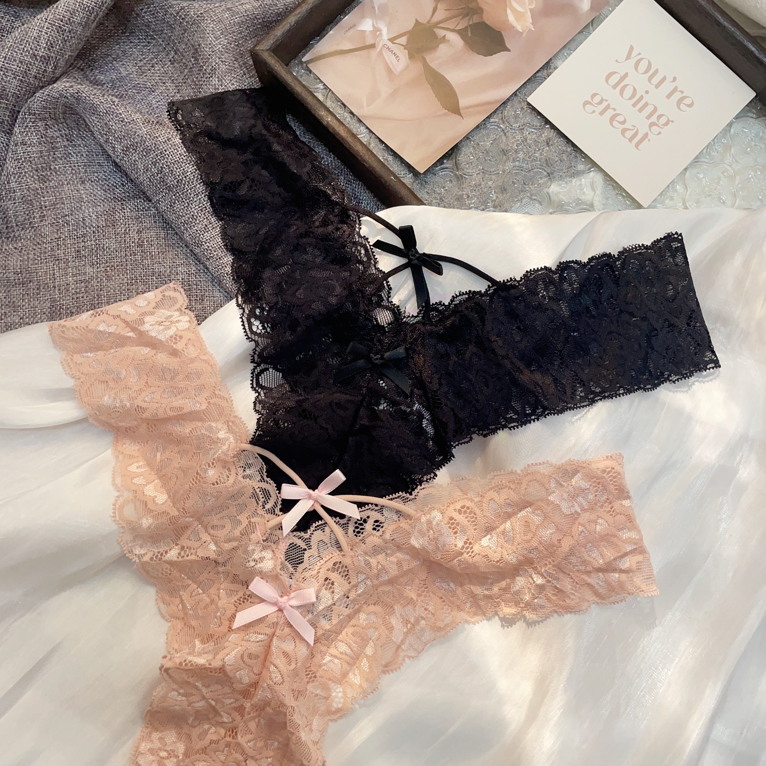 性感镂空高叉少女蕾丝内裤蝴蝶结纯欲超薄低腰棉裆女生丁字裤