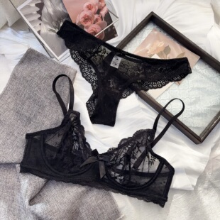 性感内衣有钢圈薄款法式欧美文胸女士透明诱惑细带黑色胸罩春新款