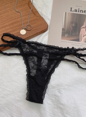 细带丁字裤女生性感无痕蕾丝边内裤全透黑色少女底裤蝴蝶结T裤
