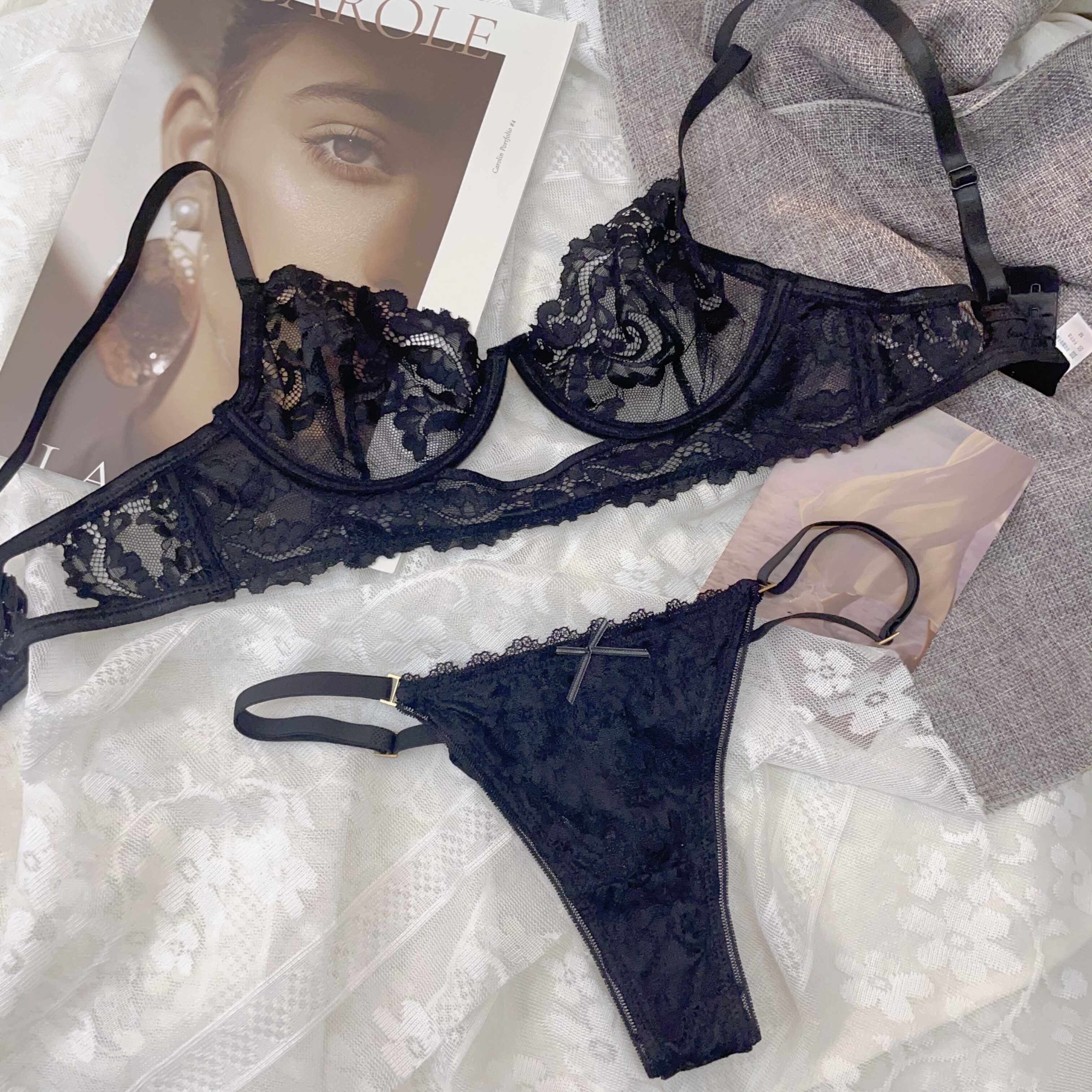 法式性感纯欲蕾丝内衣套装女超薄透明钢圈深V镂空文胸低腰内裤