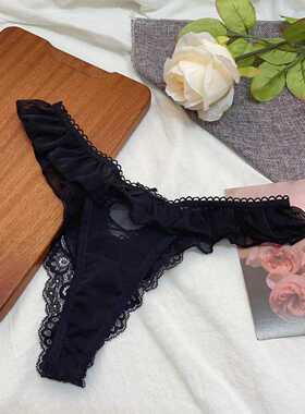 法式纯欲高叉透明网纱蕾丝丁字裤交叉绑带蝴蝶结T裤女生内裤低腰