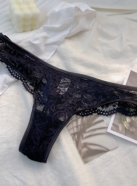 低腰法式蕾丝内裤性感睫毛花边丁字裤欧美TBACK透明镂空黑色t