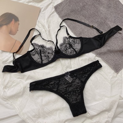 性感有钢圈暗黑系绑带透明文胸薄