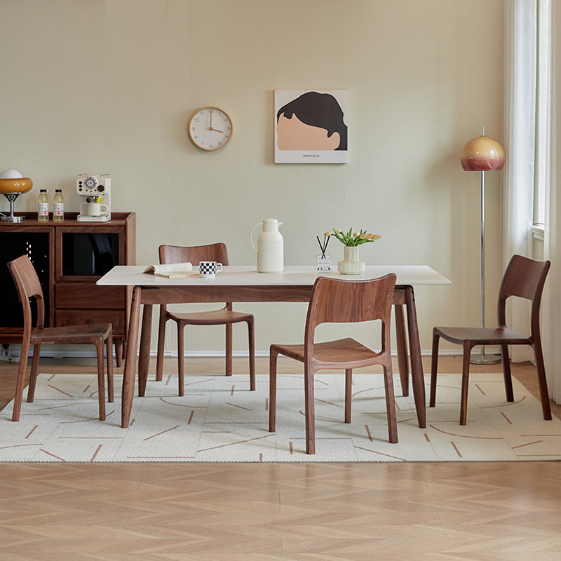 北美黑胡桃木餐桌现代简约轻奢意式黑白色卡农岩板饭桌长方形桌子