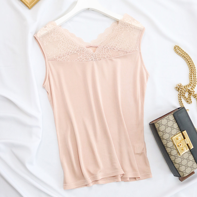 실크 조끼 여성 메쉬 레이스 섹시한 V 넥 바닥 뽕나무 실크 캐미솔 느슨한 봄 여름