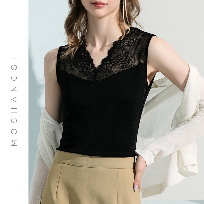 실크 조끼 여성 메쉬 레이스 섹시한 V 넥 바닥 뽕나무 실크 캐미솔 느슨한 봄 여름