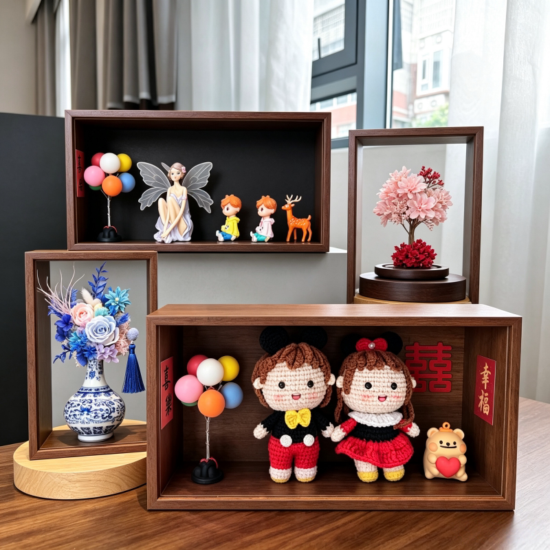 创意木质diy立体中空加厚永生花玫瑰结婚标本制作盲盒相框架公仔