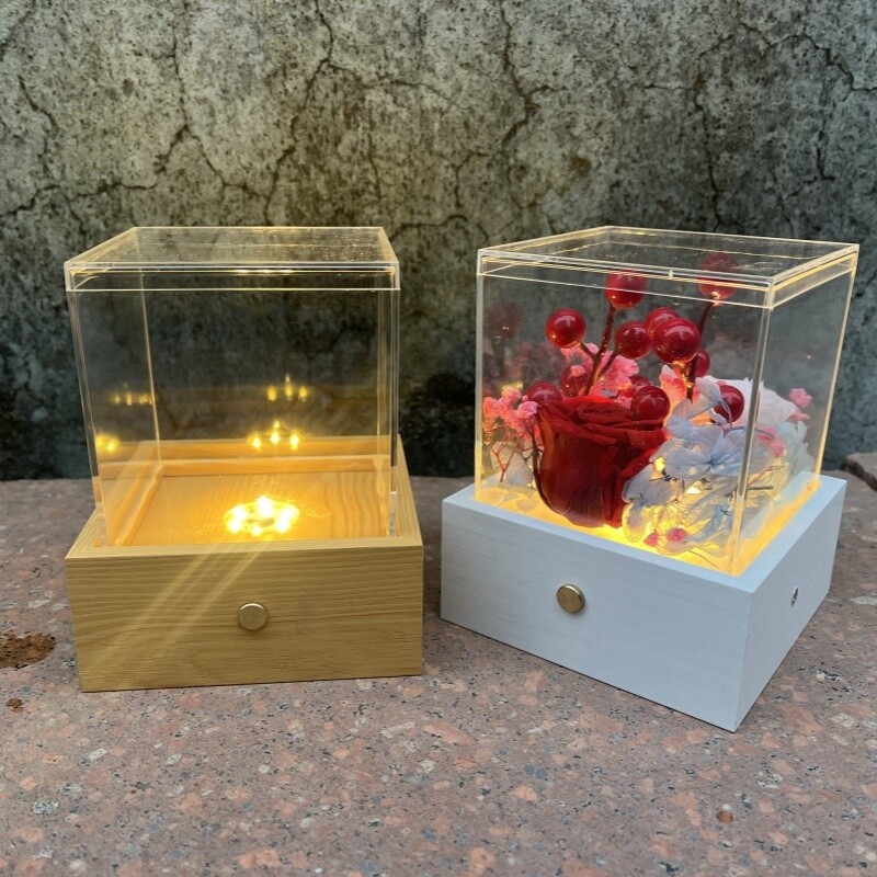 diy摆台正方形10*10*10cmLED灯光充电触碰永生花娃娃公仔收纳相框
