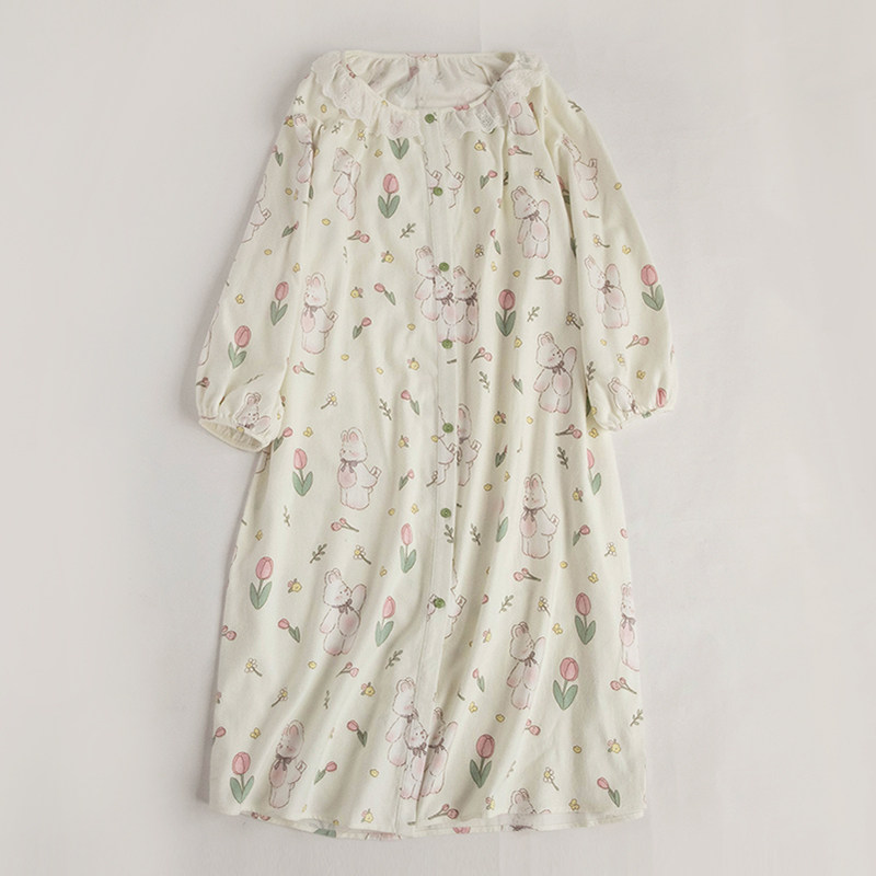 秋冬韩版甜美纯棉磨毛绒布女式睡衣长袖睡裙公主裙纯棉宽松家居裙