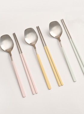 埃兰迪尔出口韩国Cher高颜值餐具马卡龙色304不锈钢ins扁筷子勺子