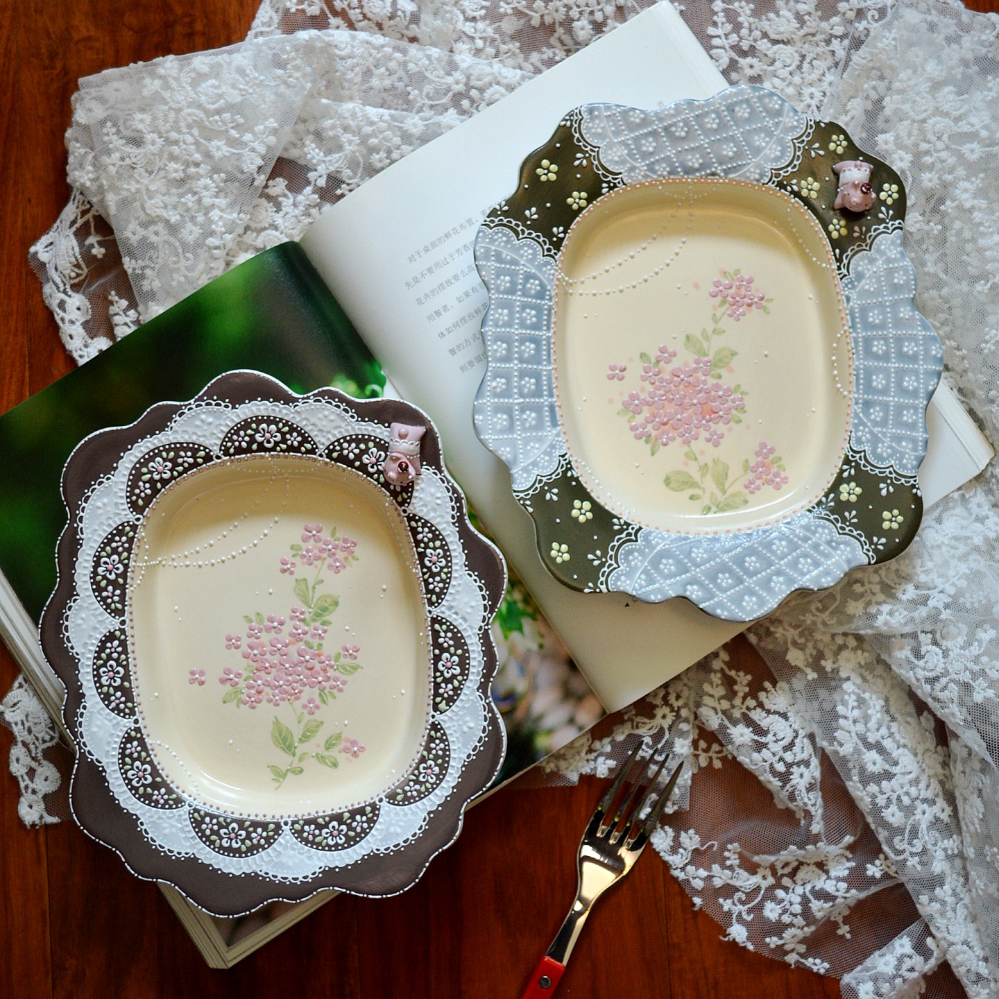 埃兰迪尔手工盘少女心手绘蕾丝花边陶瓷餐具下午茶点心盘早餐盘子