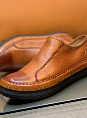 欧洲站男鞋欧货潮真皮英伦风板鞋男潮流拉链休闲皮鞋一脚蹬乐福鞋