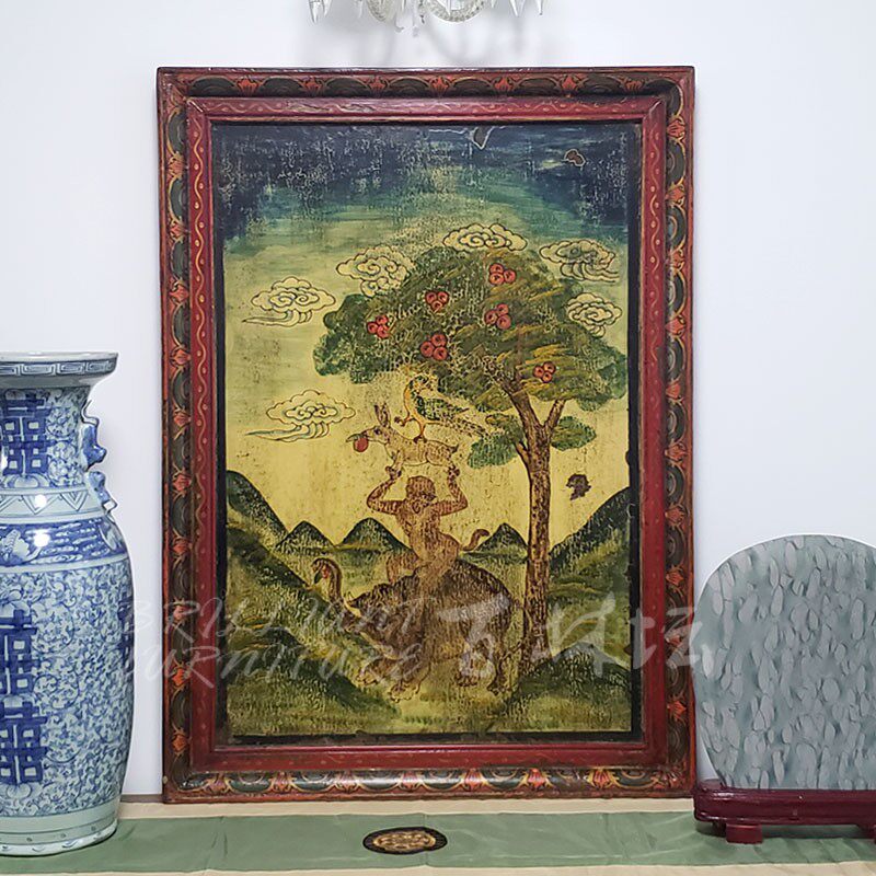 木板画装饰画 实木手绘做旧画唐卡西藏风格 复古做旧壁画桌面摆件