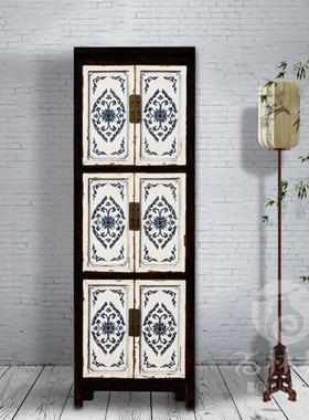 白色古典做旧青花手绘6门衣帽窄柜实木文件储物书柜榆木家具定制