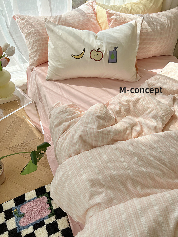 月光集【草莓泡芙】春夏奶油粉色全棉水洗棉色织提花四件套少女心