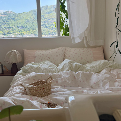 月光集【晚樱】全棉田园碎花ins少女心四件套水洗棉提花格子床品