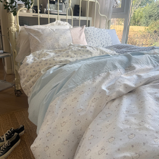 月光集 全棉纯手工拼接四件套卡通百家布床品纯棉水洗棉 喵喵兔