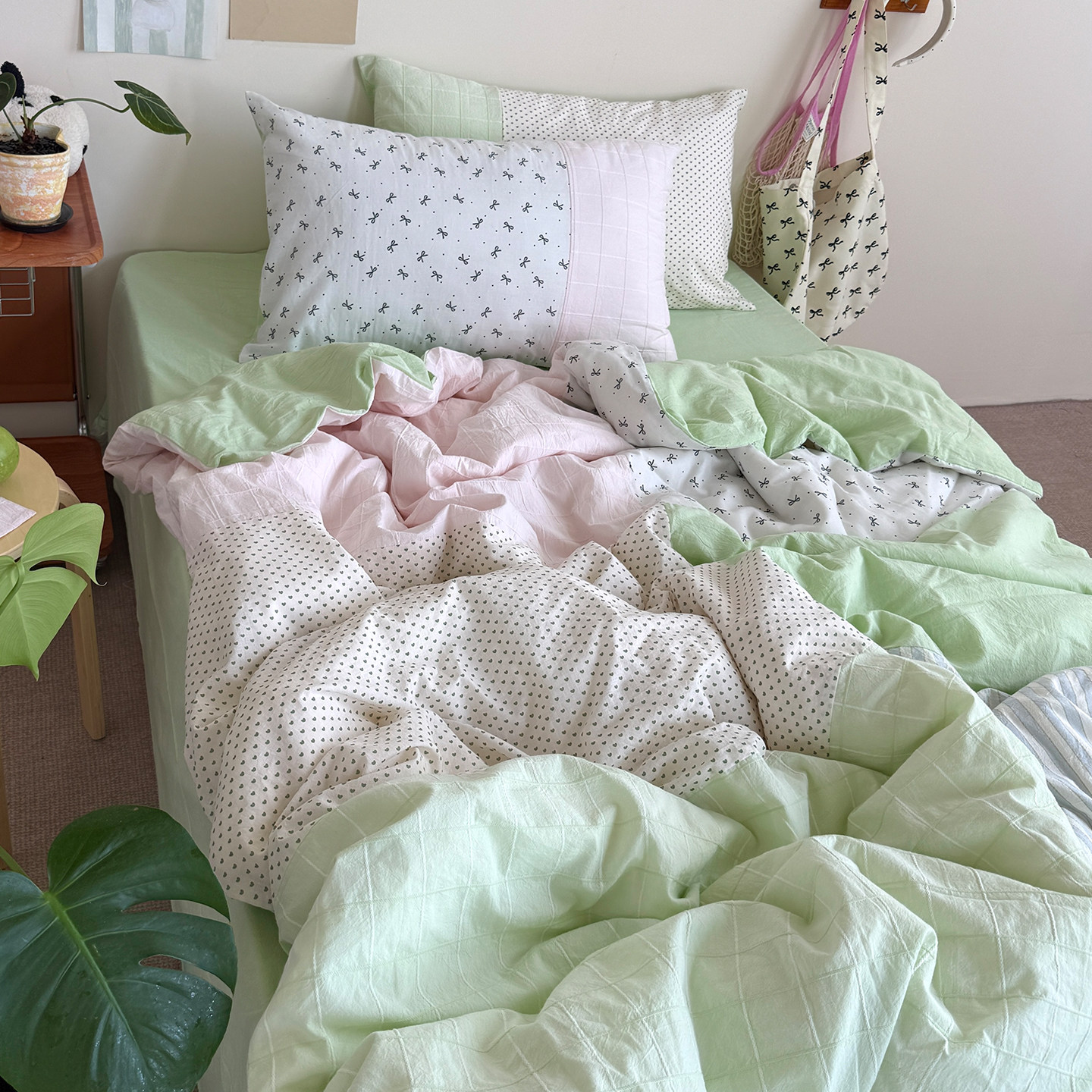 月光集【青提茉莉】原创粉绿色系全棉手工拼布四件套拼布被套全棉
