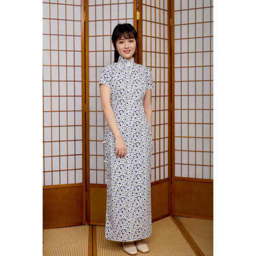 茉茉旗袍 短袖连袖全开襟长款复古日常印花亚麻老旗袍 白香