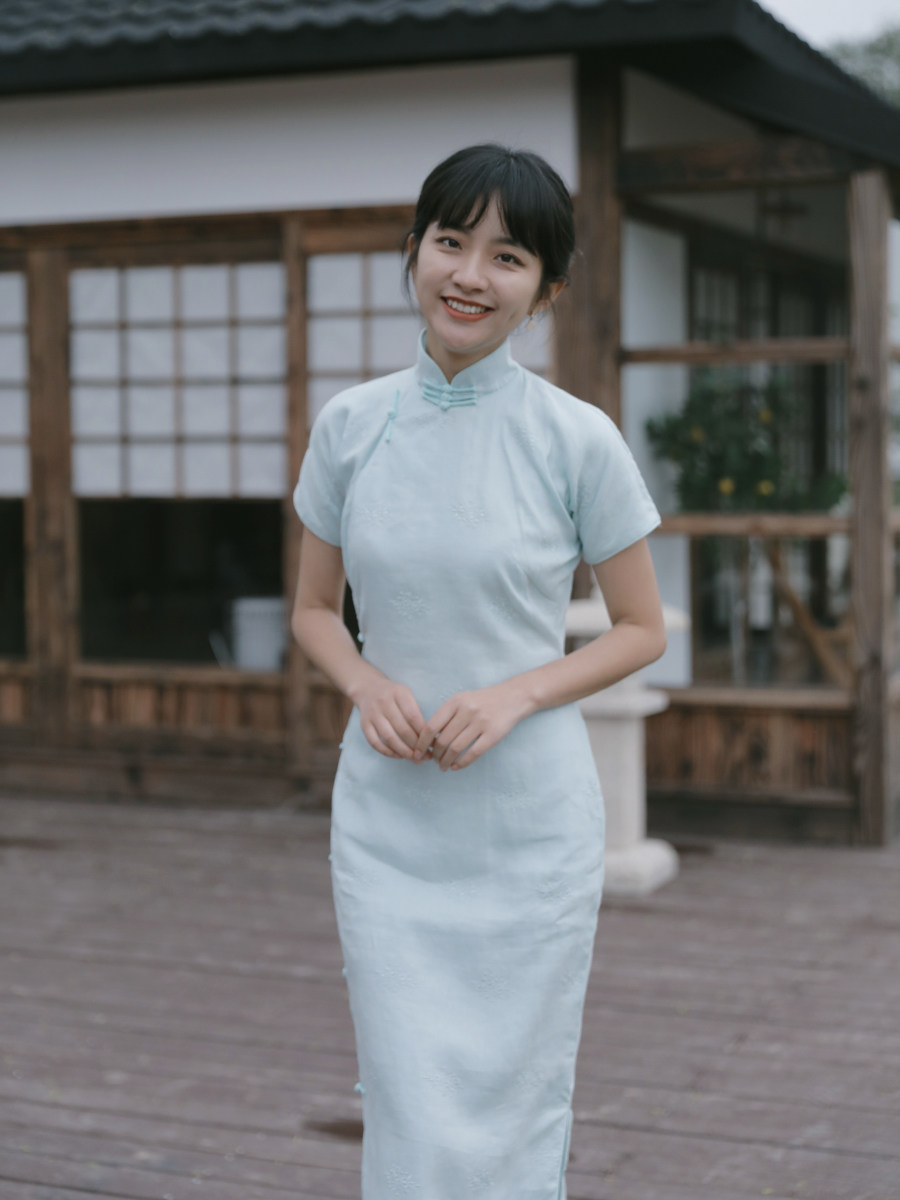 모모 봄 가을 반팔 풀 가디건 롱 레트로 데일리 자수 린넨 올드 치파오 샤웨이