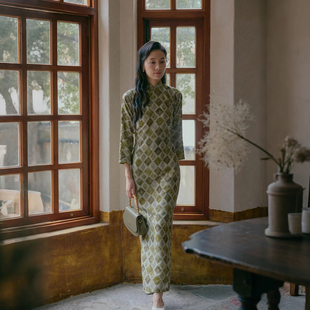 茉茉秋新品 九分连袖全开襟盘扣嵌条长款 复古日常老旗袍 苍梧