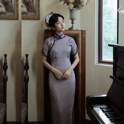 茉茉旗袍 三分连袖无省全开襟长款 日常提花人丝旗袍 暮山