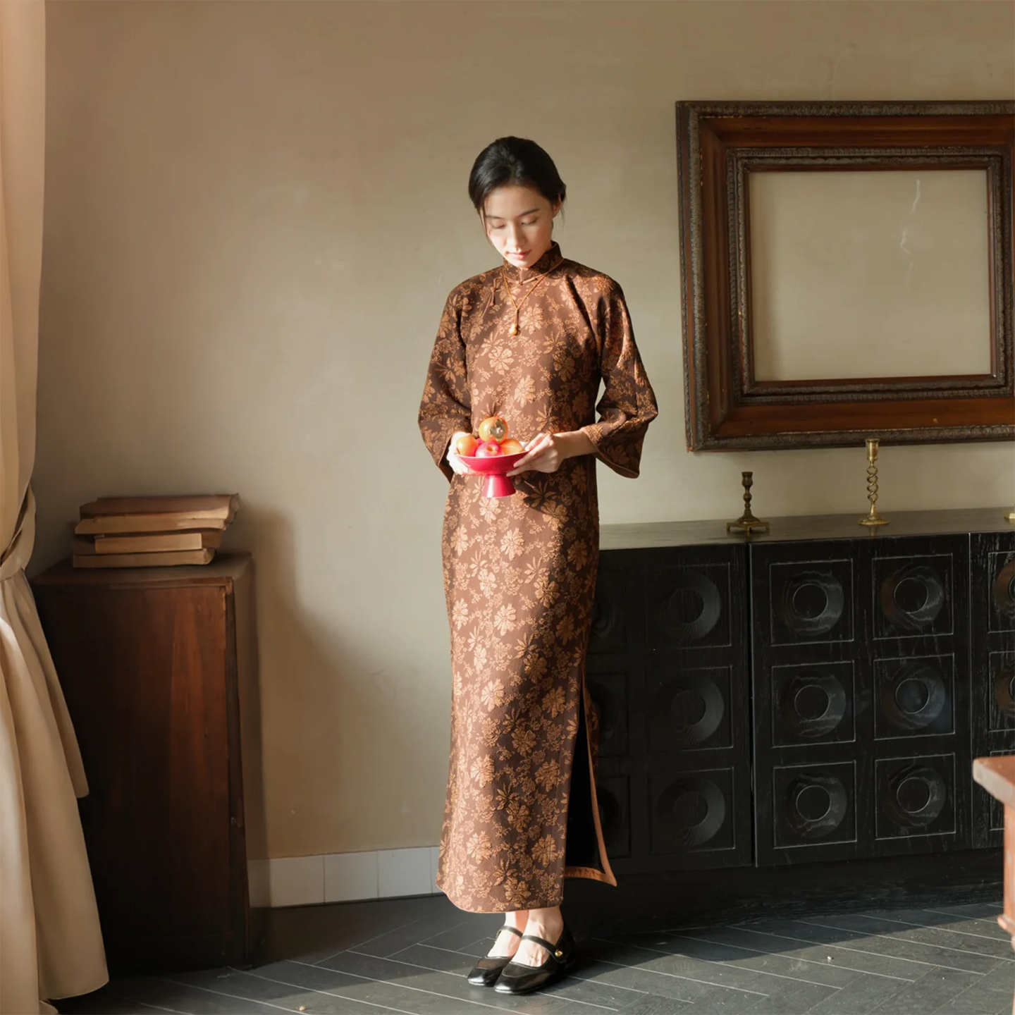 茉茉秋冬新 八分水袖无省全开襟盘扣复古日常提花加绒旗袍 秋庭晚