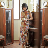 复古日常印花亚麻旗袍 侧拉链中长款 夏邮 完全无袖 茉茉旗袍