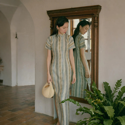 茉茉旗袍 春夏三分连袖有省全开襟长款 复古日常天丝旗袍 南乡子