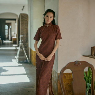 茉茉新品 四分连袖全开襟盘扣中长款复古日常真丝红云纱旗袍 晚棠