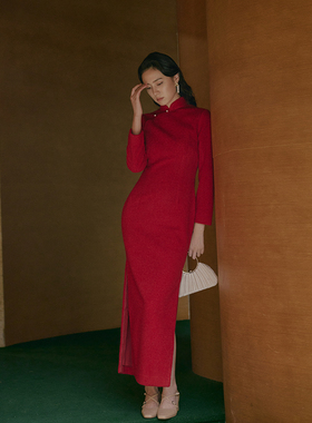 茉茉秋冬款 九分装袖有省侧拉链长复古日常加厚保暖红色旗袍 欢喜