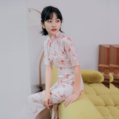 文艺日常雪纺旗袍 无省全开双襟长款 霜糖玫瑰 四分连袖 茉茉春夏季