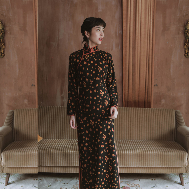茉茉长袖全开襟长款复古日常旗袍