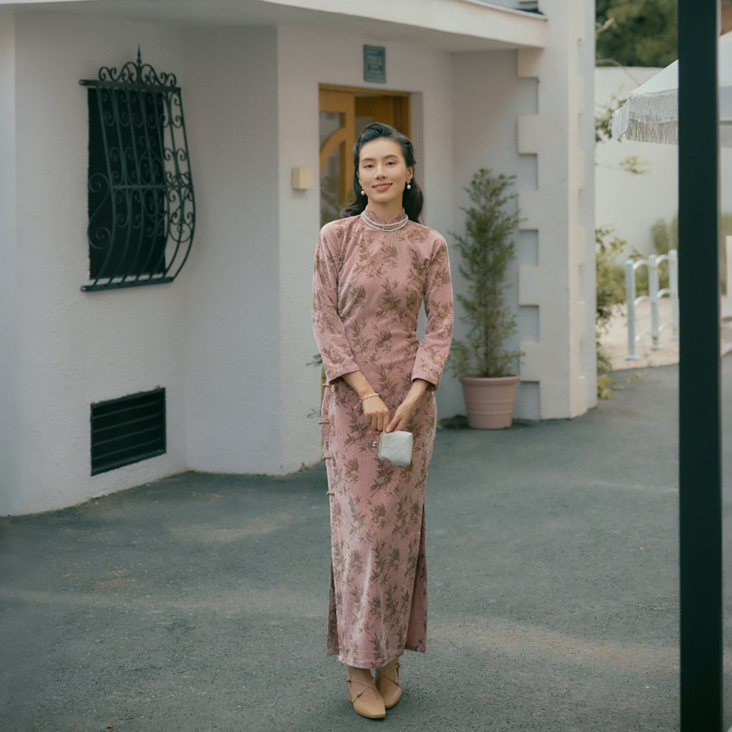 茉茉冬新品 九分连袖全开襟盘扣中长款复古日常雪尼尔老旗袍 冬樱