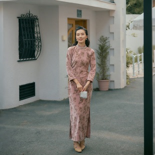 茉茉旗袍 春秋九分连袖全开襟盘扣长款复古日常雪尼尔老旗袍 冬樱