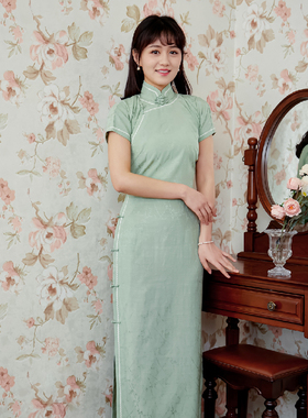 茉茉旗袍 短袖连袖全开襟长款 复古日常花边人丝旗袍 竹枝