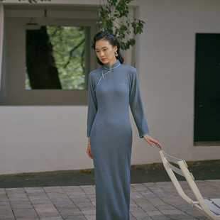 茉茉旗袍 春秋八分连袖无省套头包边 复古日常针织旗袍2件套 雪晴