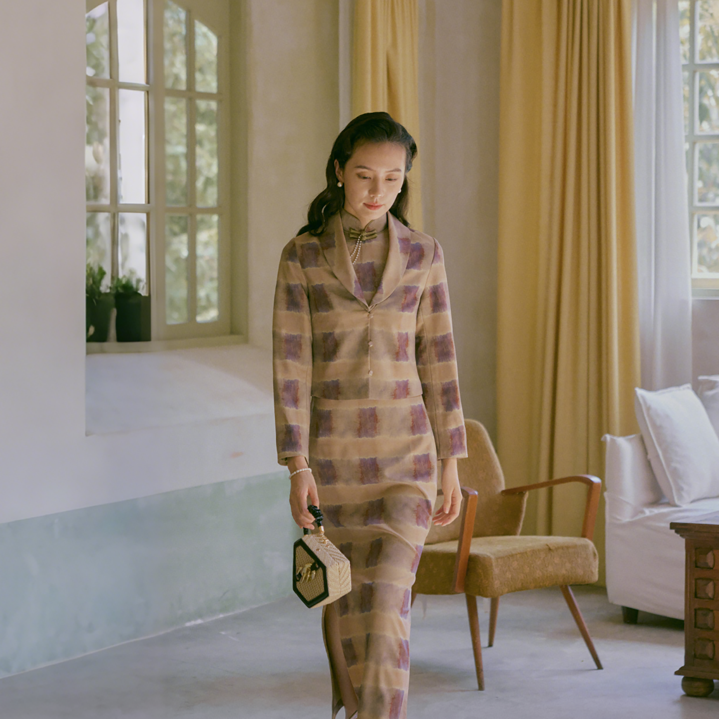 茉茉冬季新品 四分连袖全开襟盘扣长款 复古日常老旗袍套装 佳芝