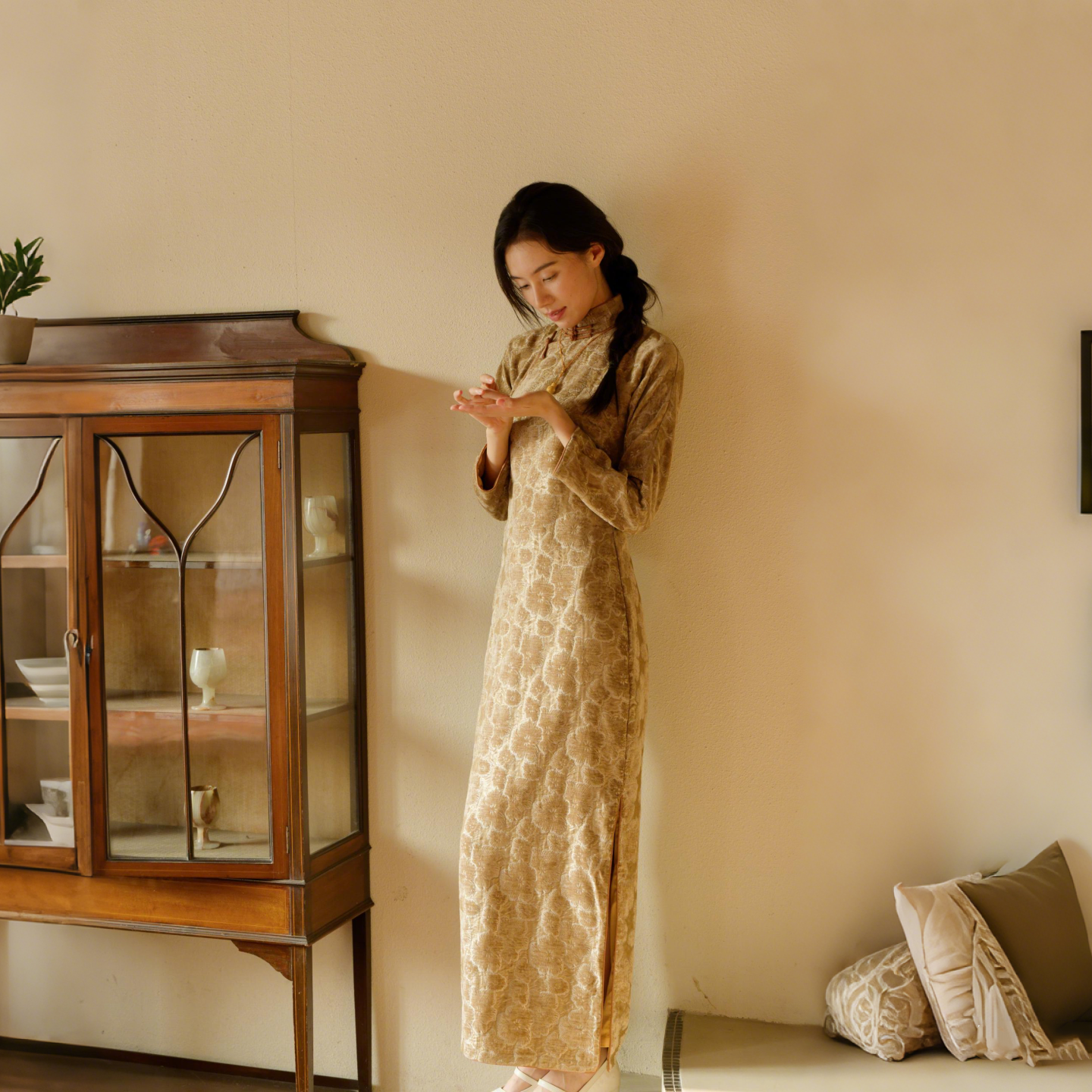 茉茉秋冬新 九分连袖全开襟长款 复古日常提花雪尼尔老旗袍 桂芷