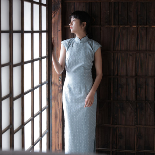 茉茉旗袍 小连袖侧拉链长款复古文艺日常波点亚麻旗袍 小如