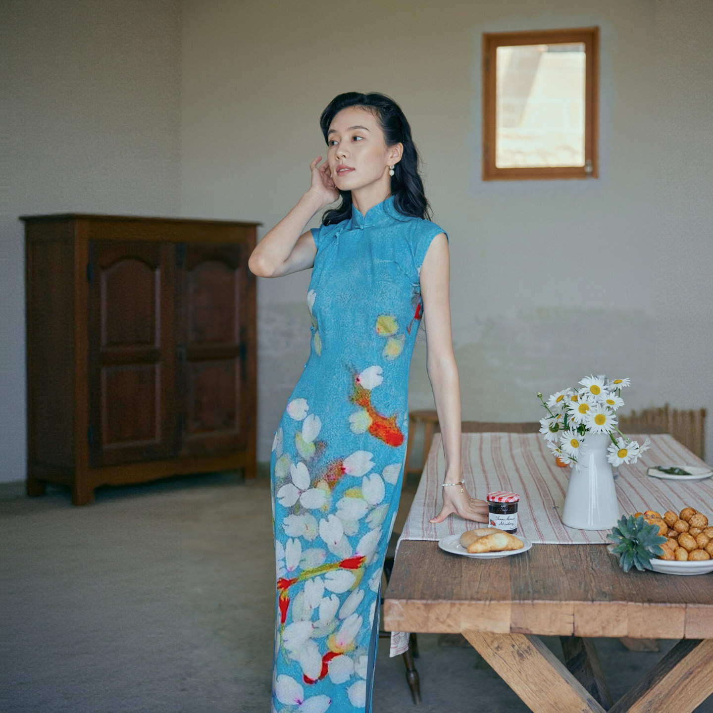 茉茉旗袍夏新 小连袖有省半开襟盘扣长款 复古日常棉绸 锦鲤 送考