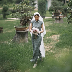 复古文艺日常改良印花棉绸旗袍 半开襟中长款 青砚 无袖 茉茉春夏季