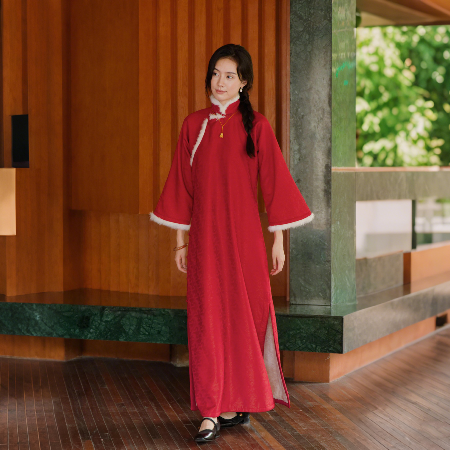 茉茉秋冬新品 九分宽袖无省全开襟 复古加绒保暖A版红旗袍裙 禧年