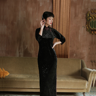 复古日常丝绒旗袍 无省全开双襟中长款 将夜 七分连袖 茉茉春秋季