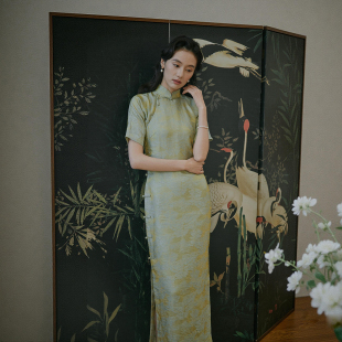 复古日常提花浮光锦 全开襟盘扣中长款 云鹤 四分连袖 茉茉旗袍春新